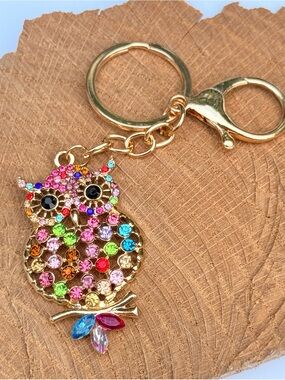 Colorful Crystal Owl Keychain Bag Charm Gold Tone Hardware Dogleash Clasp NWT
